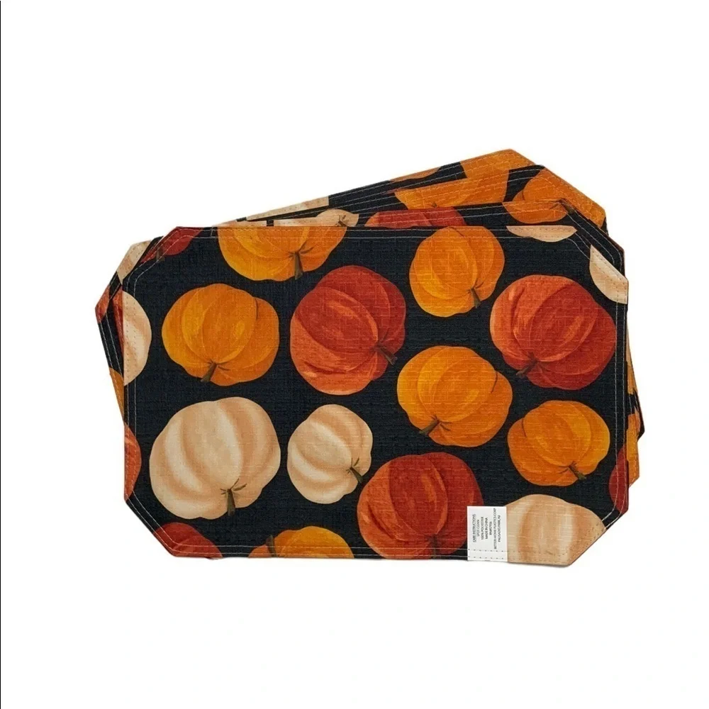 Pumpkin Linen Print Fabric Placemats Fall Autumn Halloween Thanksgiving Set of 4